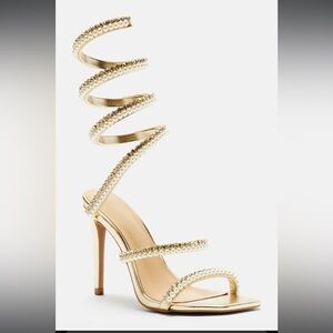 Embellished Pearl Wrap Up Heels - Gold